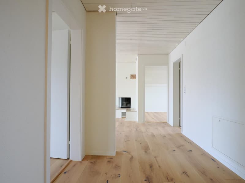 A long, narrow hallway with light wooden flooring and white walls, featuring several doors and a small room visible at the end with a television on a stand.