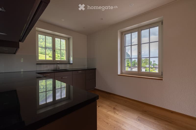 Modern kitchen with wooden flooring, large windows, sleek dark cabinets, and a black countertop.