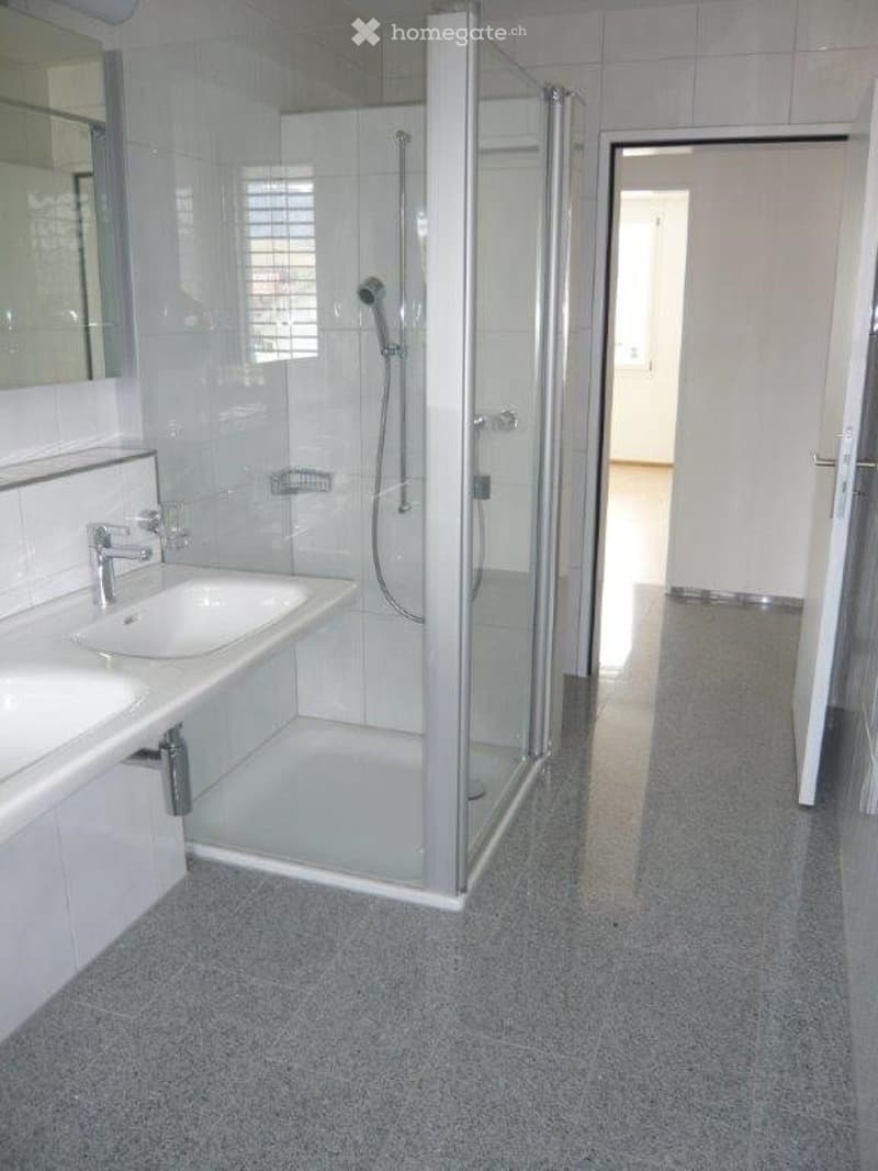 Modern bathroom with a white tiled shower stall, a sink with a chrome faucet, and a large mirror above it. The floor is covered with grey tiles, and the walls are white.