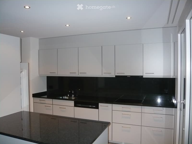 Modern kitchen with white cabinets, black countertops, and built-in appliances.