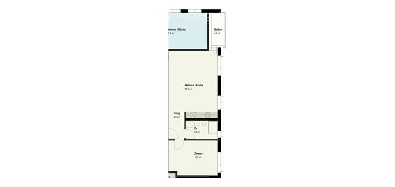 Floor plan showing a living room/kitchen area (32.0 m²), a bedroom (16.0 m²), a bathroom (6.0 m²), a hallway (4.0 m²), and a balcony (4.0 m²).