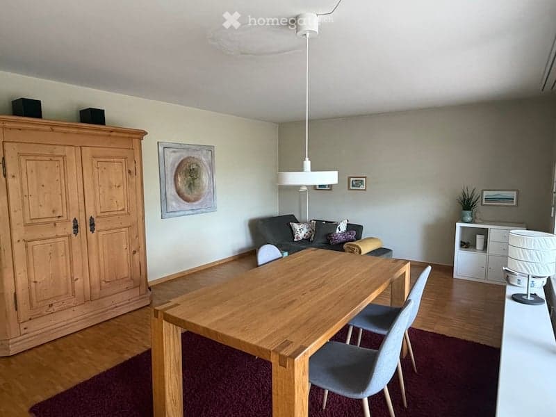 A modern, well-lit living room with a wooden dining table, grey sofa, and a wooden cabinet. The room features a hanging pendant light, a small shelf unit, and decorative artwork on the walls.