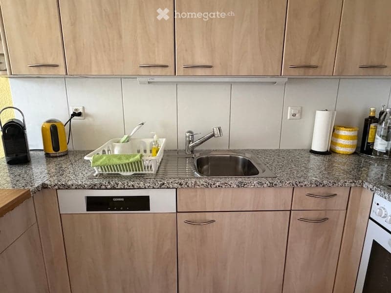 Modern kitchen with light wood cabinets, granite countertop, stainless steel sink, dishwasher, and various small appliances and items on the counter.