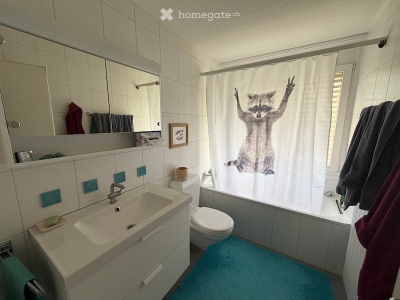 Modern bathroom with white tiles, a sink, toilet, bathtub, and a raccoon-themed shower curtain. Features a mirror, cabinet, and towels.