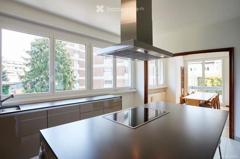 Modern kitchen with stainless steel appliances, induction cooktop, large windows offering a view, and a dining area with a table and chairs.