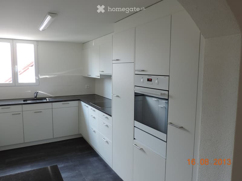 Modern, white kitchen with built-in appliances including a dishwasher, oven, and cabinets for storage. The kitchen has a sleek, minimalist design with a dark countertop.