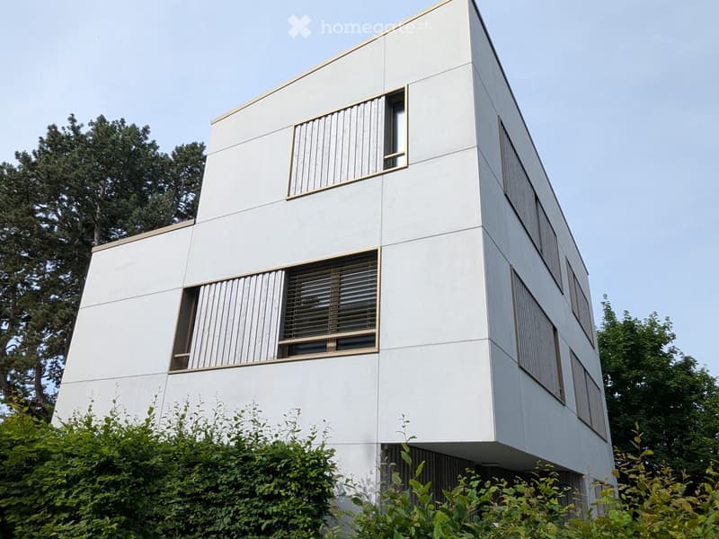 Modern, minimalist building with white facade, large windows, and geometric design.