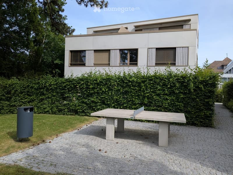 Modern house with a minimalist design, surrounded by a neatly trimmed hedge and a gravel pathway. A concrete table and a trash bin are visible in the foreground.