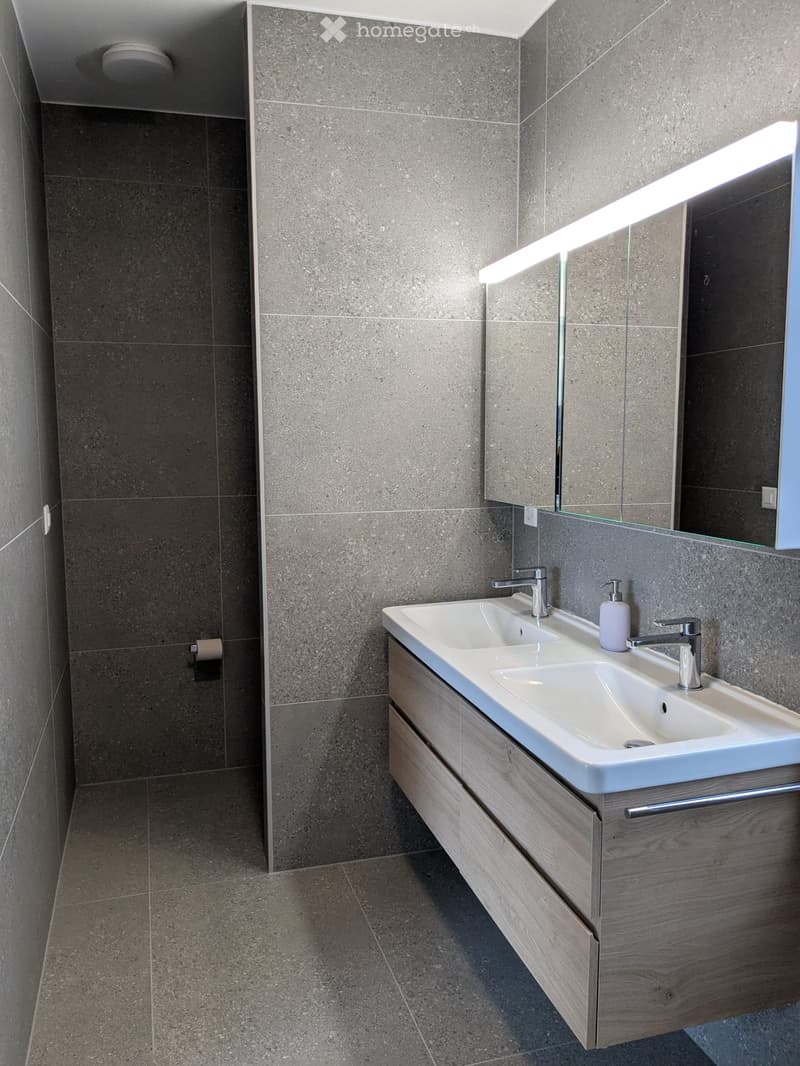 modern bathroom with double sink, mirror, and shower area