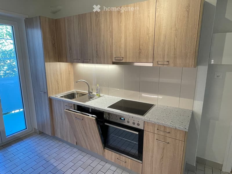 Modern kitchen with light wood cabinets, granite countertop, stainless steel sink, induction cooktop, oven, and dishwasher.