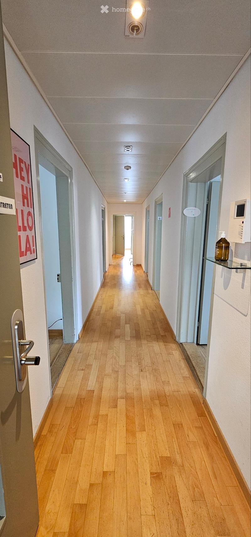 A long, narrow hallway with light wooden flooring, white walls, and several doors on both sides. The ceiling has recessed lighting, and there is a small shelf with a bottle on the right side.
