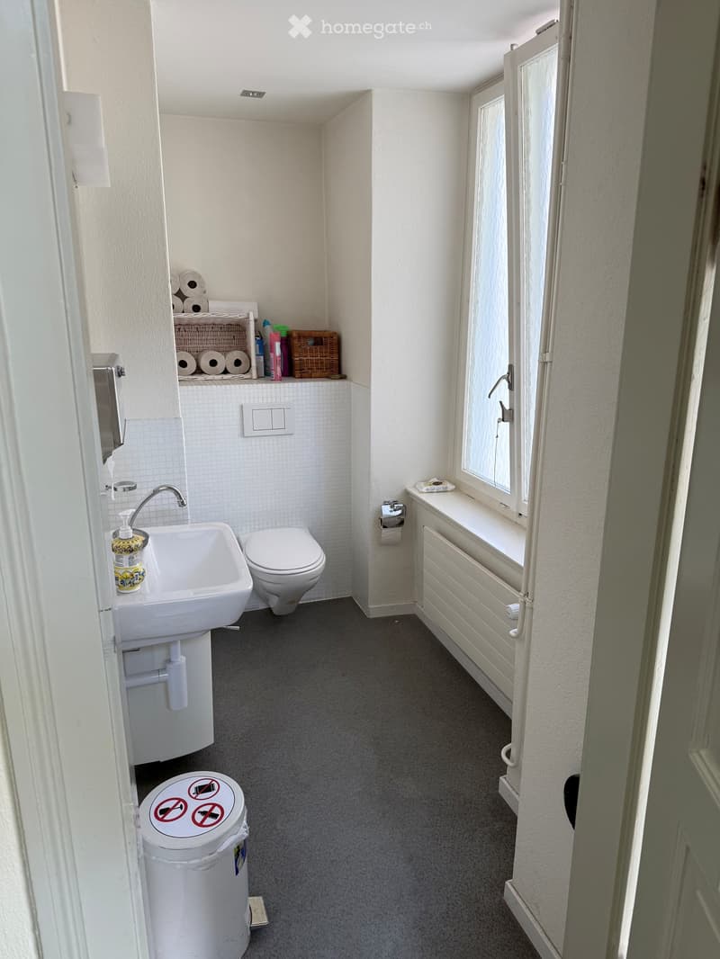 Compact bathroom with white tiled walls, a sink, toilet, and a window with a radiator below. Toilet paper and hand soap are visible, along with a small trash bin.