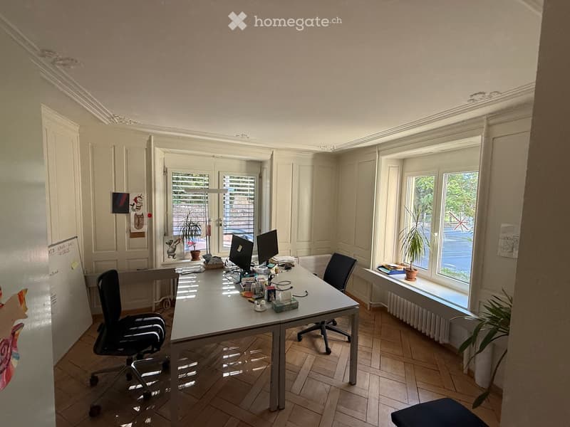 Bright, well-lit room with wooden flooring, large windows, a white desk with two computer monitors, office chairs, and decorative plants.