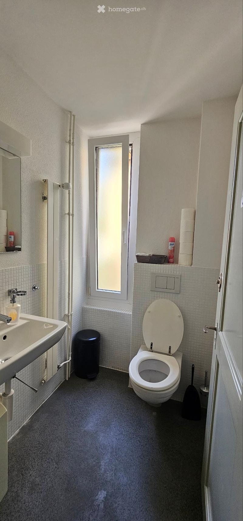 Small bathroom with a toilet, sink, and window. Includes a soap dispenser, toilet paper, and a trash bin.