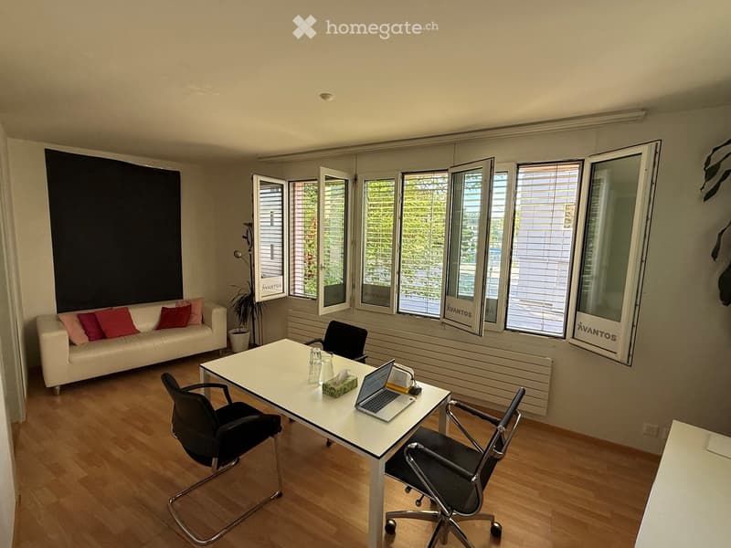 Bright room with wooden flooring, large windows, a white sofa with colorful cushions, a white desk with a laptop, two black office chairs, and a small potted plant.