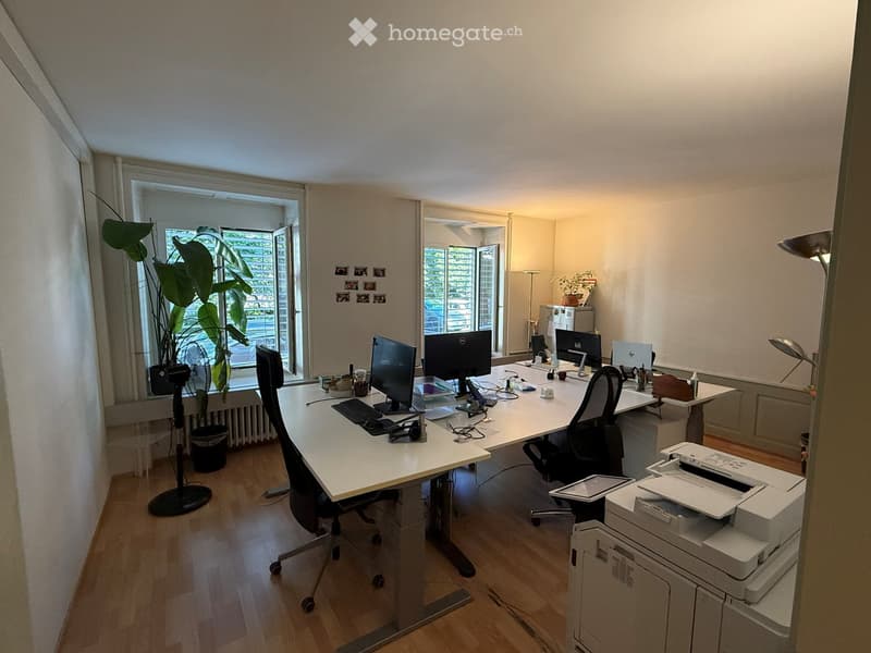Bright office space with wooden flooring, large windows, desks, multiple computer monitors, chairs, a fan, and a potted plant.