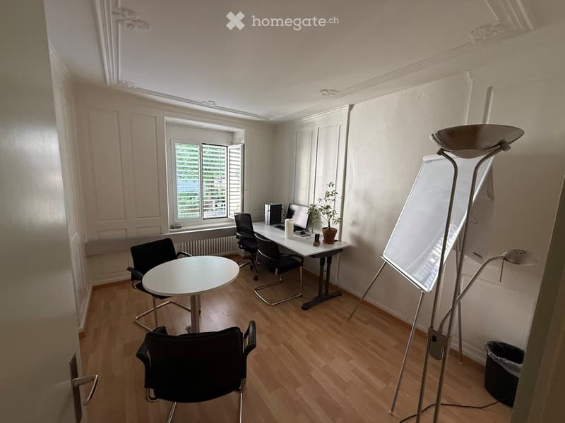Bright office space with wooden flooring, large window, white desk, chairs, laptop, screen, potted plant, and a standing lamp.