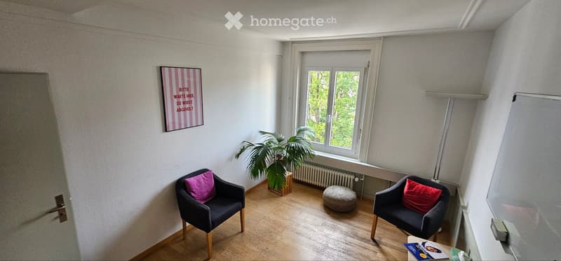 Bright living room with wooden flooring, two armchairs, a small round stool, a potted plant, and a picture frame on the wall.