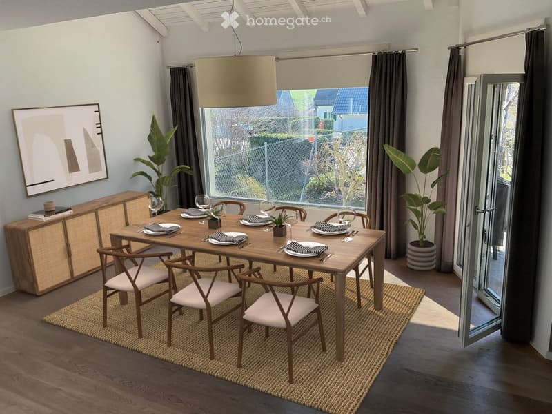 Furnished Room. Dining room with a wooden dining table, six chairs, a pendant light, a cabinet, and a large window with a view of the garden.