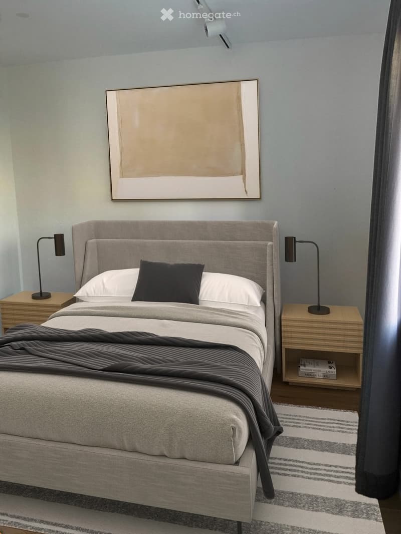 Bedroom. Modern bedroom with a grey upholstered bed, white pillows, dark grey throw, nightstands with lamps, and a large abstract painting above the bed.