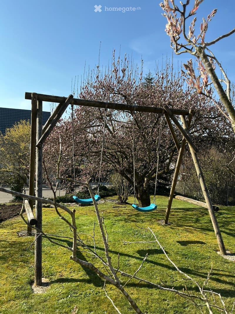 wooden swing set, green grass, trees, blue sky