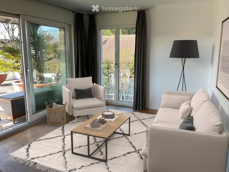 Living Room. Modern living room with large glass doors leading to a patio, white sofa, armchair, coffee table, floor lamp, and decorative items.