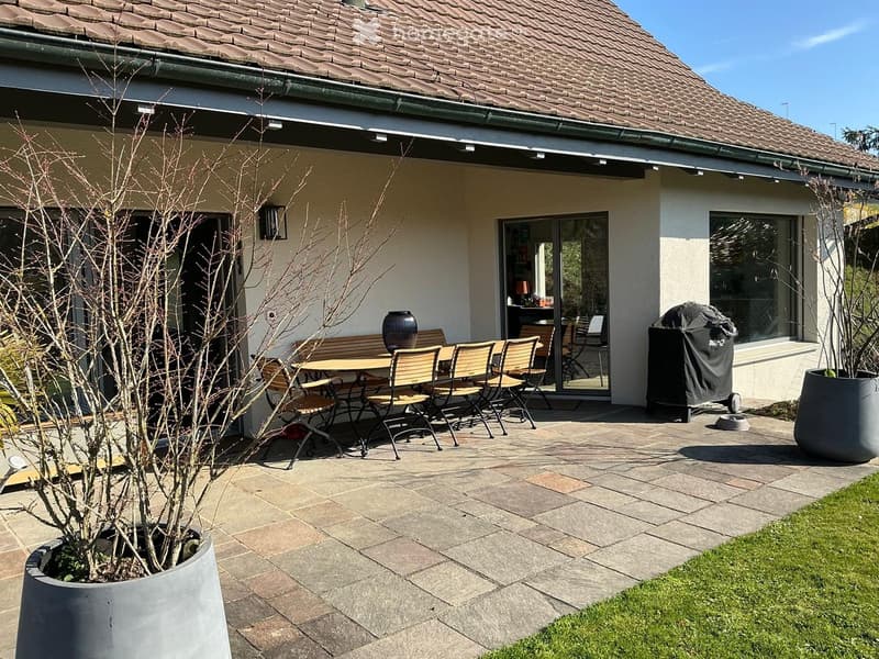 modern house, brown roof, white walls, large windows, outdoor dining area, patio, large potted plants