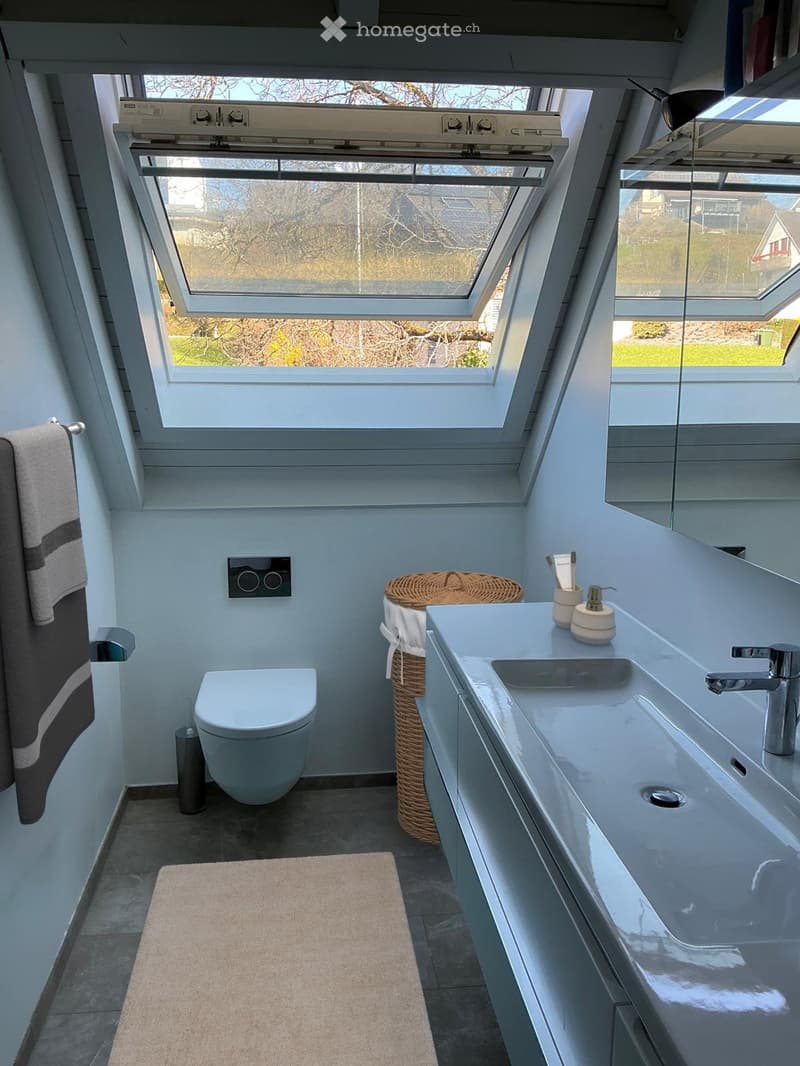 Bathroom. Modern bathroom with a toilet, sink, mirror, and wicker basket. Features large skylight windows and a light blue color scheme.