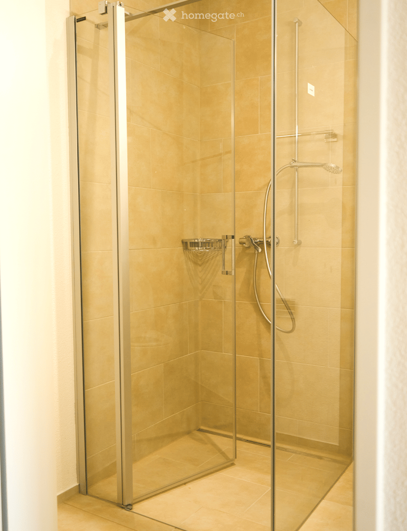 Modern bathroom with a glass-enclosed shower stall, beige tiles, and a sleek shower handle.