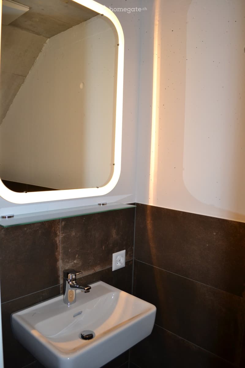 Modern bathroom with a white sink, chrome faucet, and illuminated mirror above it. Dark brown tiles line the lower half of the walls.