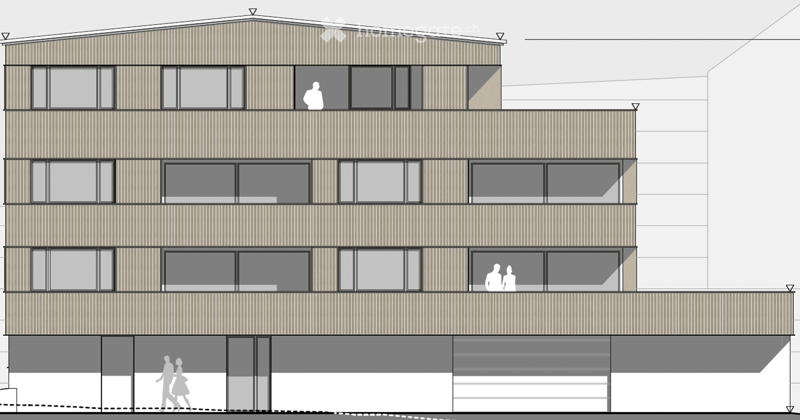 Four-story building with large windows and balconies, featuring a modern design with a textured facade.