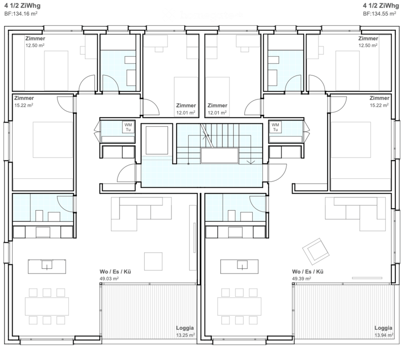 Floor plan of a 4 1/2 apartment with6 rooms, two bathrooms, two living/dining/kitchen areas, and two loggias.