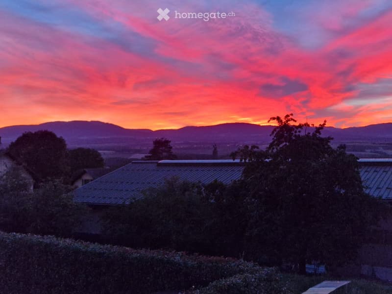 View of a house roof and surrounding landscape during sunset, with mountains in the background and trees in the foreground.