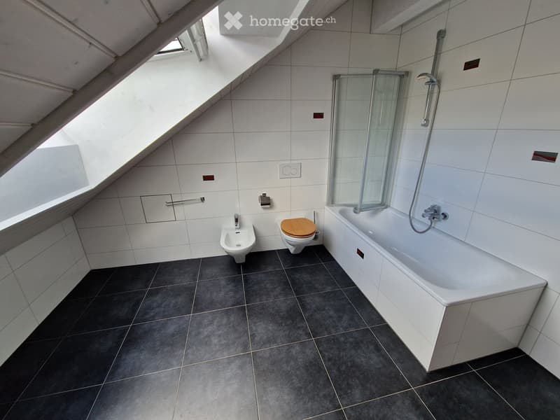 Modern bathroom with white tiles, dark grey floor tiles, bathtub, toilet, bidet, and a glass-enclosed shower area.