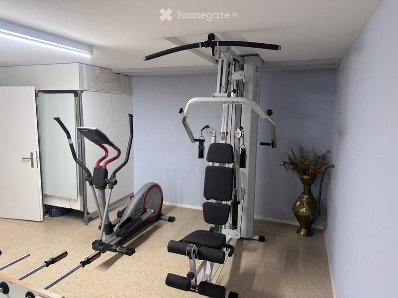 small room with weight training machine and treadmill, light fixture, closed door