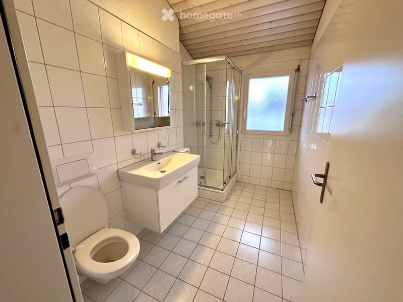 white tiled bathroom with toilet, sink, shower, and mirror