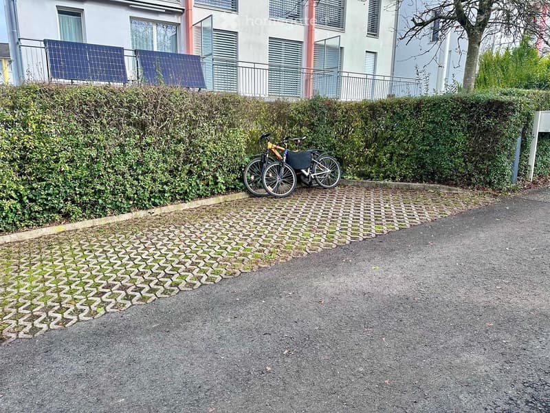 Roadside area with a curb, two bicycles parked beside a green bush, solar panels on the building wall