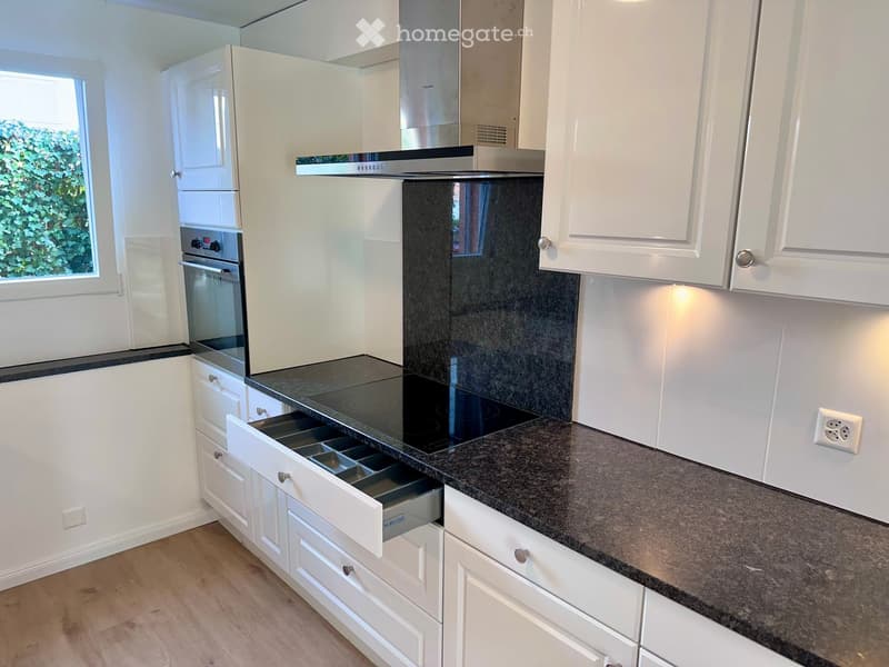 modern kitchen, black granite countertops, white cabinets, stainless steel oven and hood, dishwasher, electric stove, kitchen drawers, power outlet