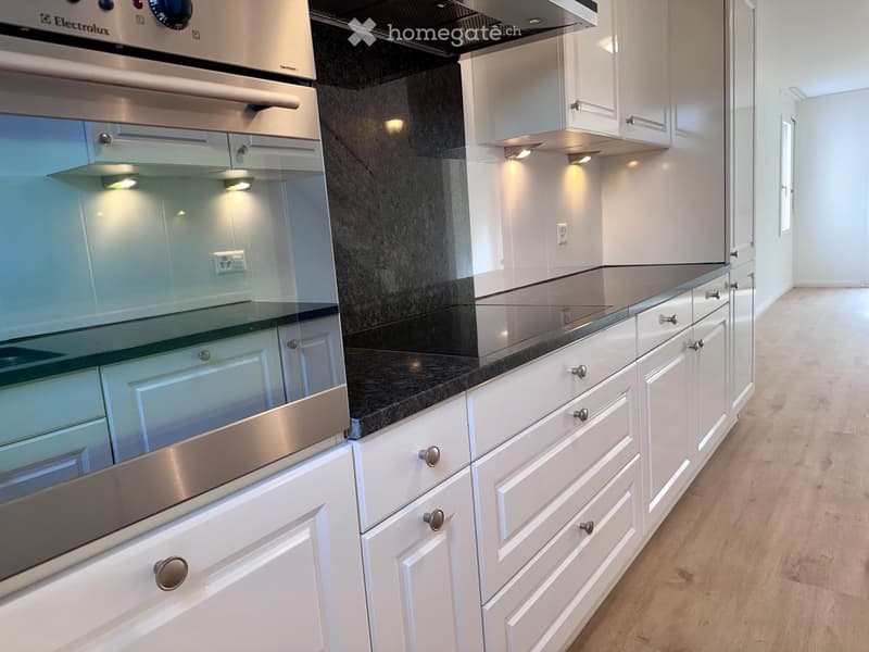 modern kitchen with white cabinets, granite countertops, stainless steel appliances, under-cabinet lighting, open-plan layout