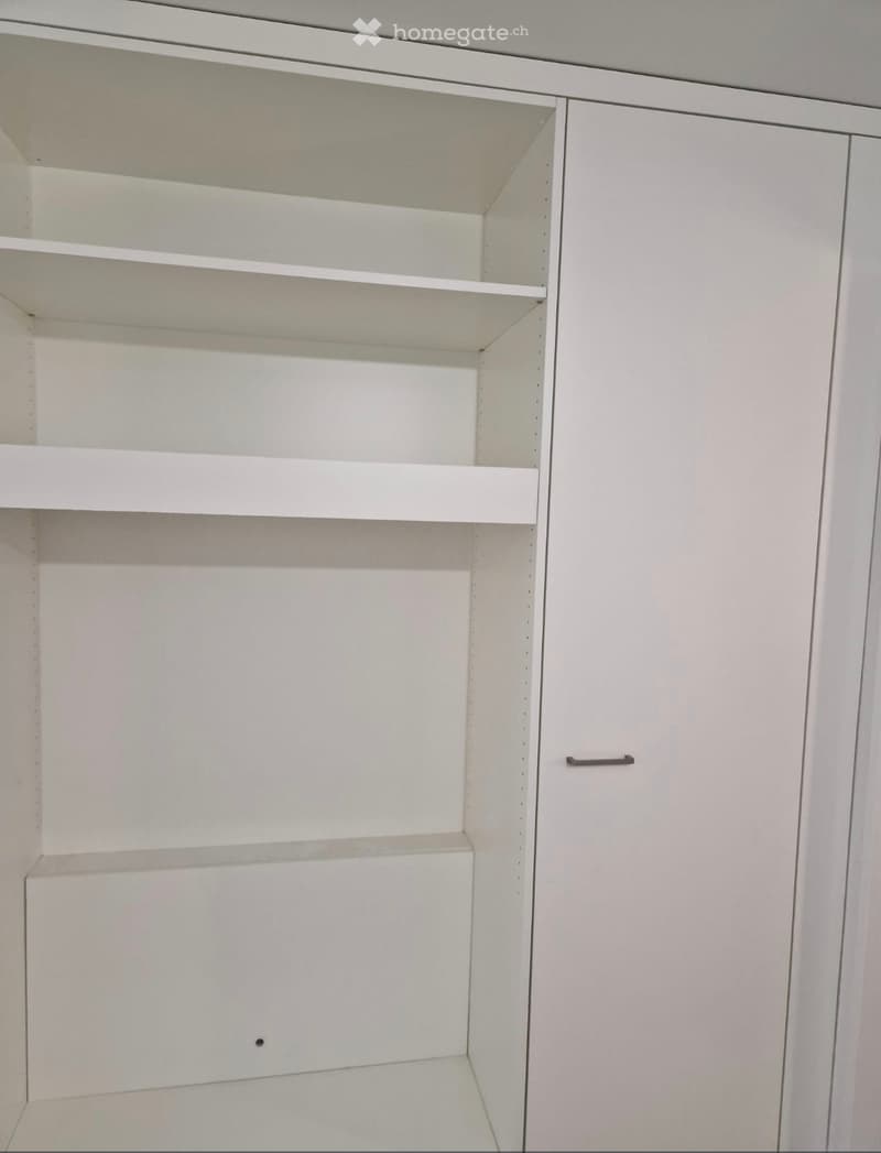 Empty white built-in shelving unit with multiple open compartments and a closed cabinet door.