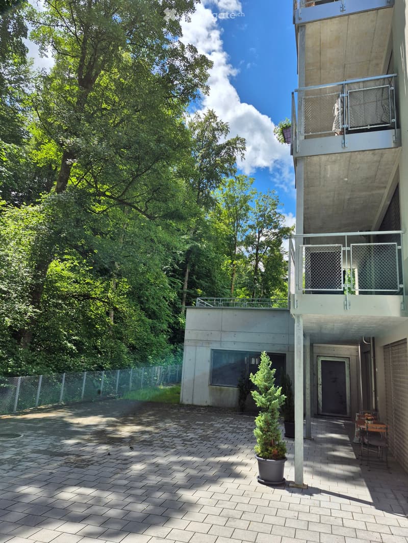 Modern outdoor area with a paved patio, small potted tree, and a small seating area with a table and chairs. The area is surrounded by greenery and has a modern building with balconies in the background.
