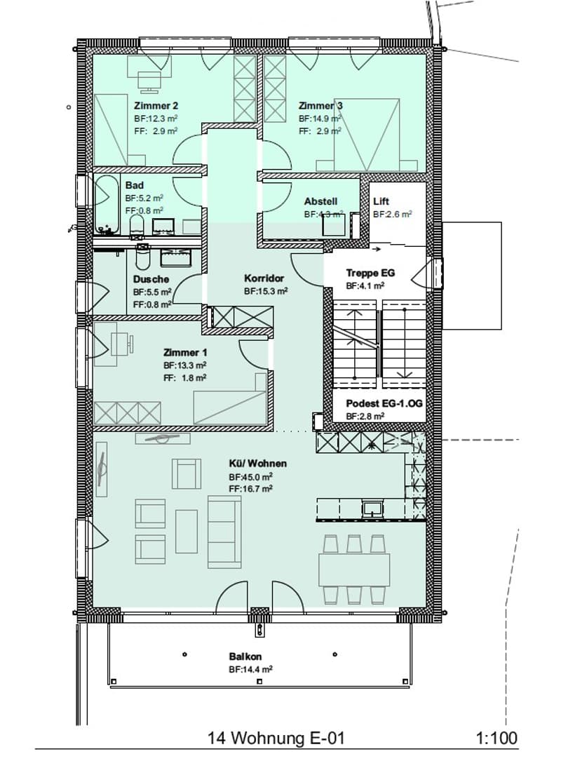Floor plan of a residential unit with labeled rooms including kitchen/living area, bedrooms, bathroom, hallway, and balcony.