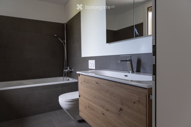 Modern bathroom with dark grey tiles, a wooden vanity cabinet, a white sink, a chrome faucet, a bathtub, and a toilet.