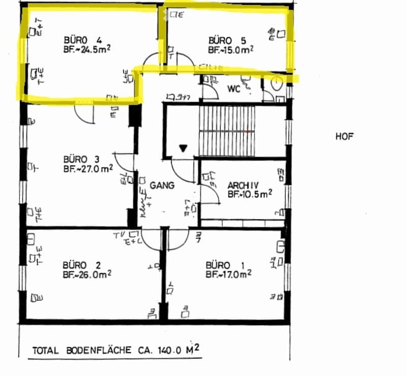 Floor plan showing five offices (BÜRO 1-5), a WC, an archive, a hallway (GANG), and a courtyard (HOF). Total floor area is approximately 140.0 m².