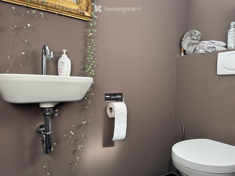 Modern bathroom with a white sink, chrome faucet, toilet, and decorative elements including a framed mirror, towel, and small statue on the shelf.