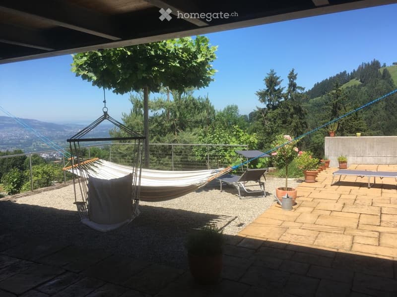 Outdoor patio with a hammock, lounge chairs, potted plants, and a scenic mountain view.