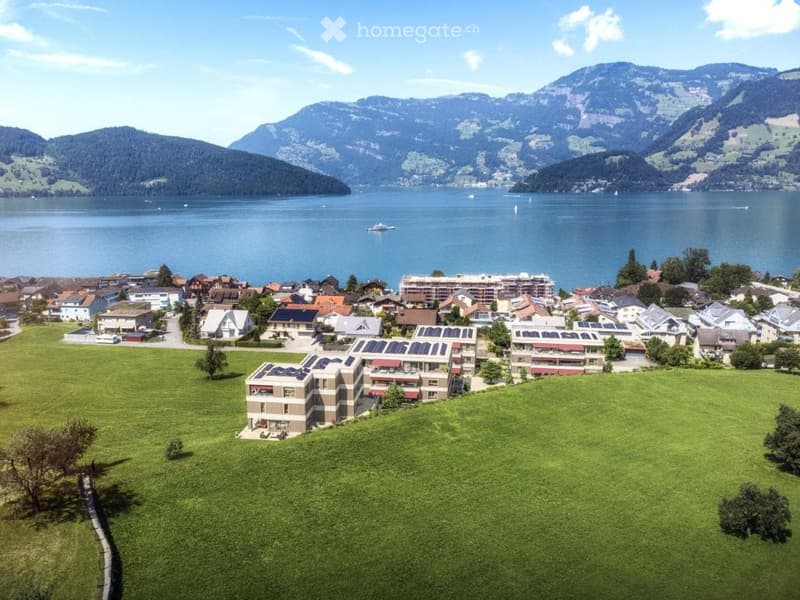 Aerial view of a residential area with modern apartment buildings, solar panels, and a scenic lake and mountain backdrop.