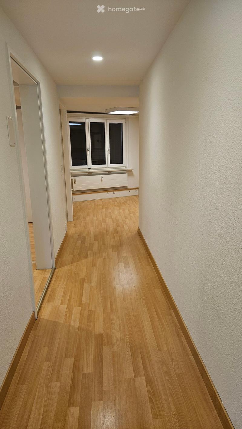 A clean, well-lit hallway with wooden flooring, white walls, and a large window at the end. The ceiling has recessed lighting, and there is a radiator beneath the window.