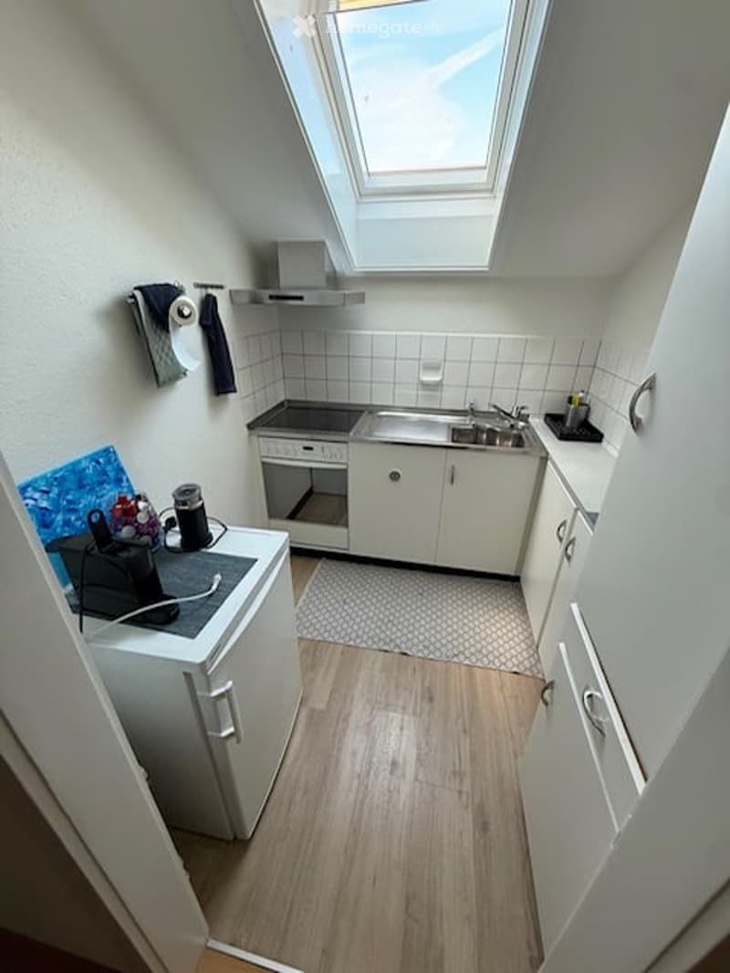 Compact kitchen with white cabinets, wooden flooring, and a skylight above the sink. Appliances include a refrigerator, oven, microwave, and coffee maker on the counter.