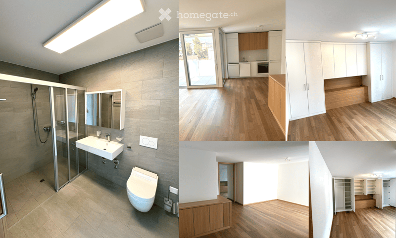 Modern bathroom with a white sink, mirror, toilet, and glass-enclosed shower. Kitchen area with wooden cabinets, white appliances, and a large window. Open-plan living space with wooden flooring and built-in storage.